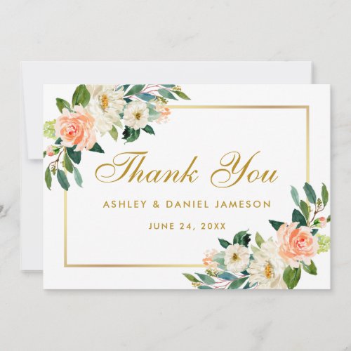 Coral Floral Gold Wedding Thank You