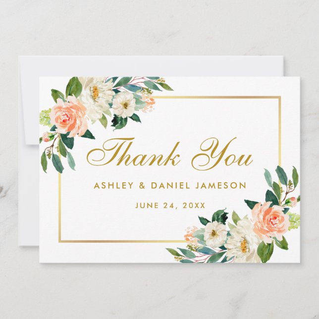 Coral Floral Gold Wedding Thank You Card (Front)