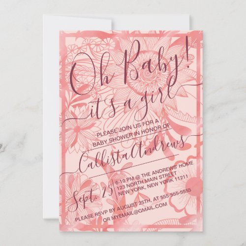 Coral Floral Illustration Watercolor Baby Shower Invitation