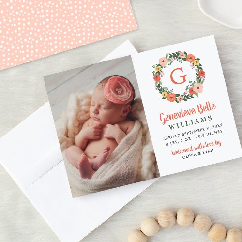 Coral Floral Initial Wreath Baby Girl Photo Birth Announcement