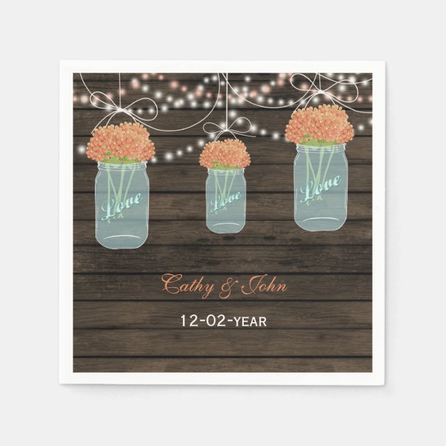 coral floral mason jar personalized wedding napkin (Front)