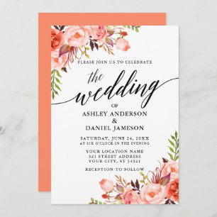 Coral Floral Modern Calligraphy Wedding Invitation