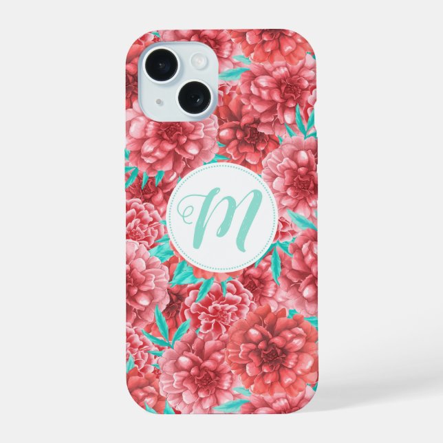 Coral Floral Pattern & Monogram Iphone Case (Back)