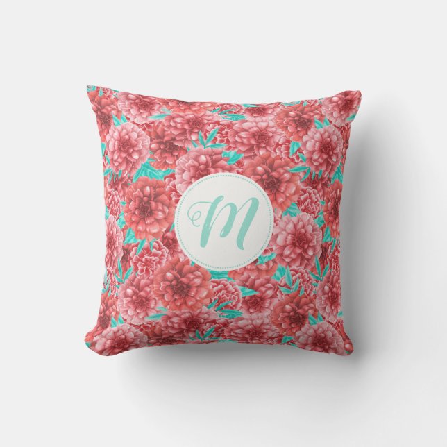 Coral Floral Pattern & Monogram Throw Pillow (Front)