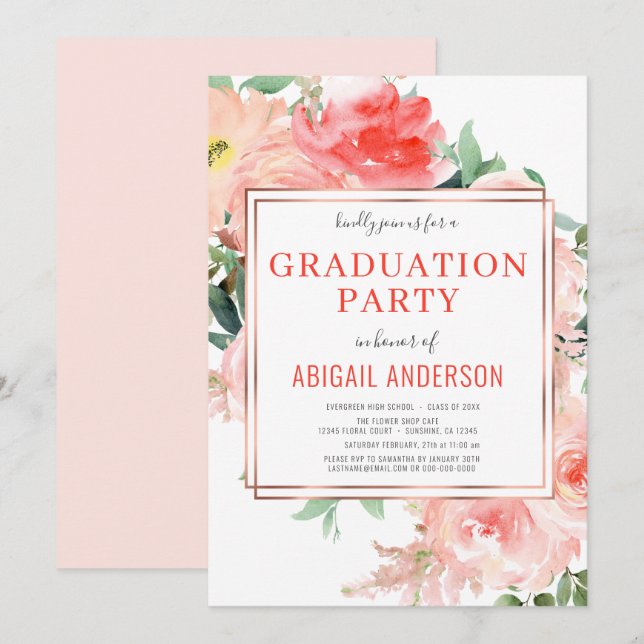 Coral Floral Peach Modern 2023 Grad Party Invitation (Front/Back)