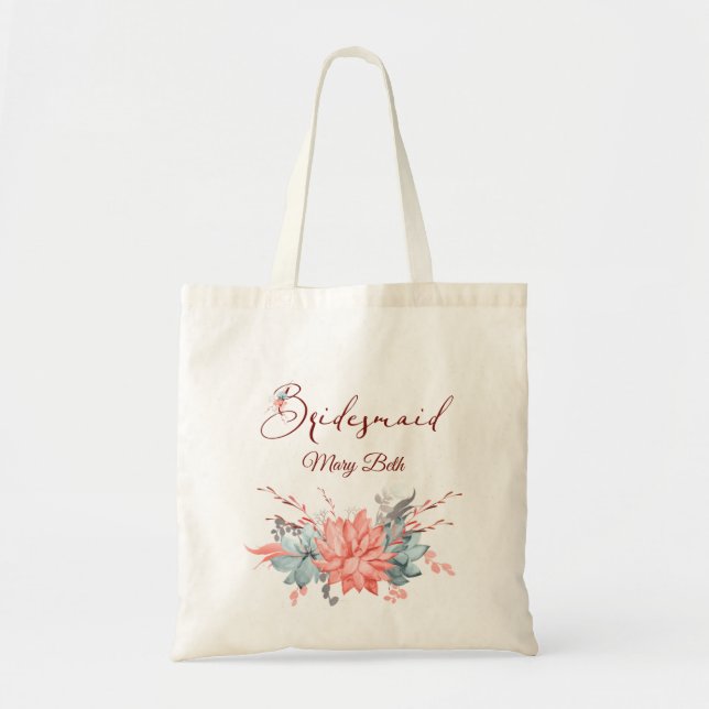 Coral Floral Personalized Bridesmaid Tote Bag (Front)