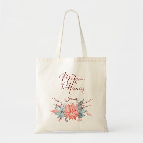 Coral Floral Personalized Matron of Honor Tote Bag