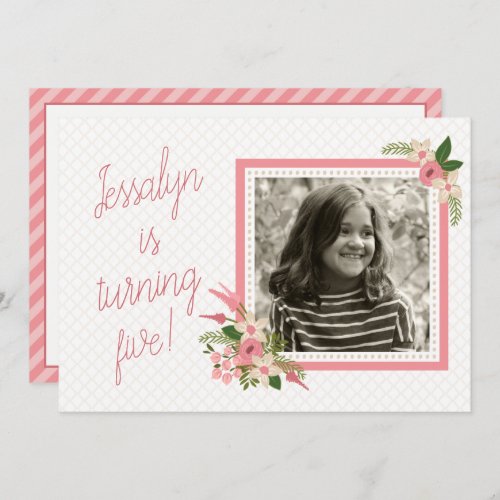 Coral Floral Photo Birthday Invitation _ Two_sided