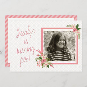Coral Floral Photo Birthday Invitation - Two-sided