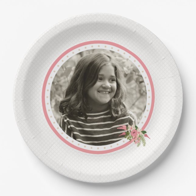 Coral Floral Photo Birthday Paper Plates (Front)