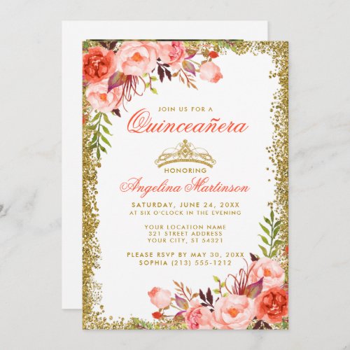 Coral Floral Quinceanera Gold Glitter Photo Invitation