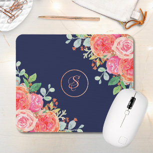 Coral Floral Rose Gold Glitter Monogram Navy Mouse Pad