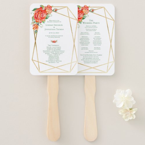 Coral Floral Roses Wedding Hand Fan Program