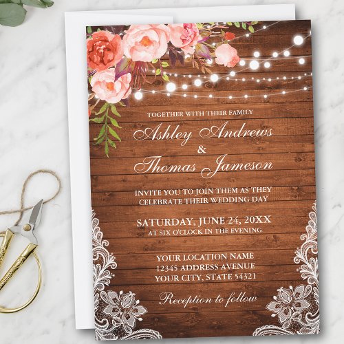 Coral Floral Rustic Wedding Wood Lights Lace Invitation