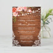 Coral Floral Rustic Wedding Wood Lights Lace Invitation (Standing Front)