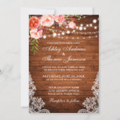 Coral Floral Rustic Wedding Wood Lights Lace Invitation (Front)