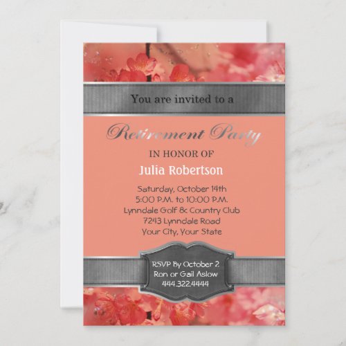 Coral Floral Sparkle Retirement Party Invitations