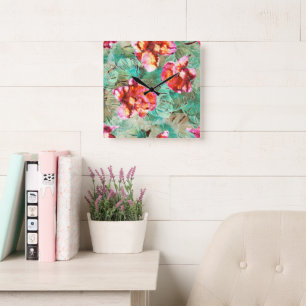 Coral Floral Teal - Boho Vintage Pillow Square Wall Clock