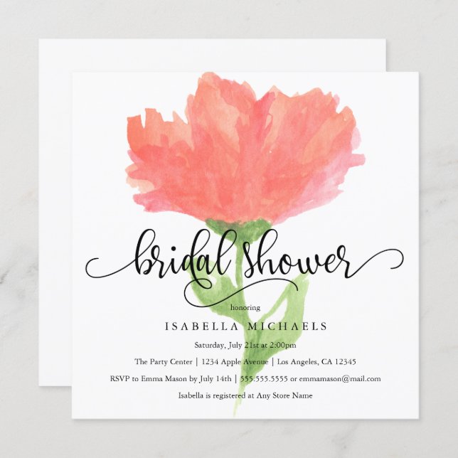 Coral Floral Watercolor | Bridal Shower Invite (Front/Back)
