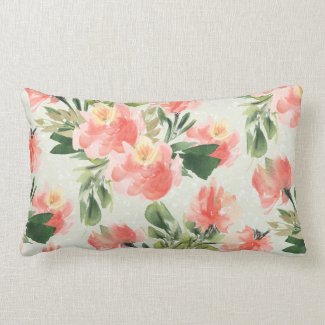 Coral Floral Watercolor Lumbar Throw Pillow