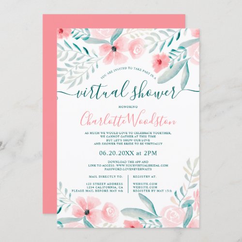 Coral floral watercolor script virtual shower invitation