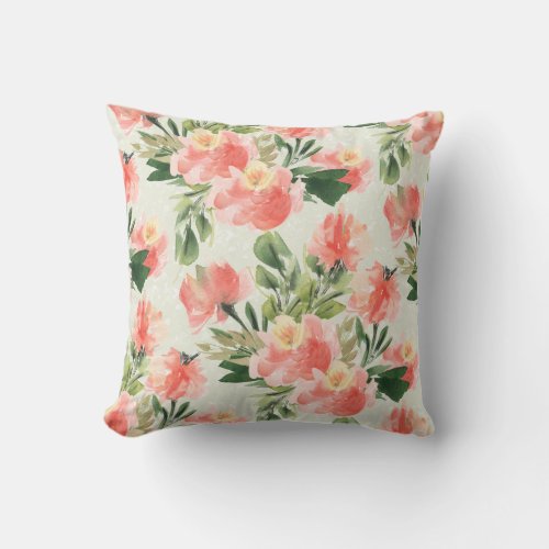 Coral Floral Watercolor Throw Pillow 16x16