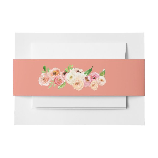 Coral Floral Wedding Invitation Belly Band (Front Example)