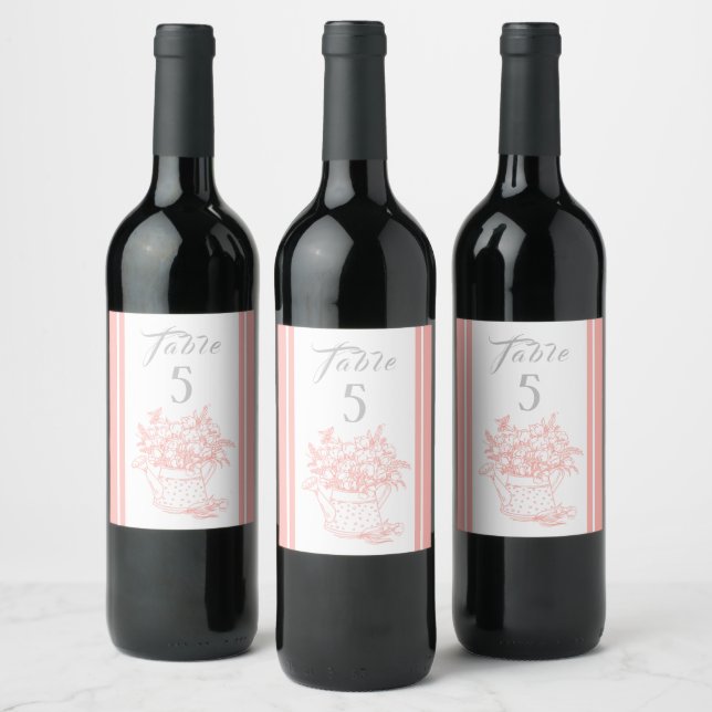 Coral Floral Wedding Table Numbers Wine Label (Bottles)
