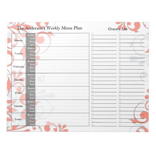 Coral Floral Weekly Personalized Menu Plan Notepad