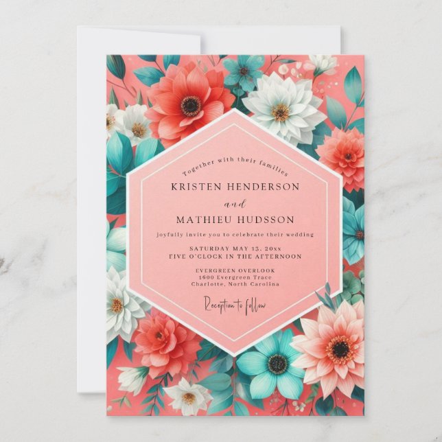 Coral Floral Whimsy Wedding Invitation (Front)