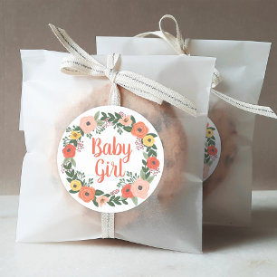 Coral Floral Wreath Baby Girl Shower Classic Round Sticker