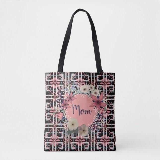 Coral Floral Wreath Monogram | Mother's Day Tote Bag (Front)