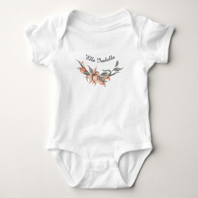 Coral Floral Wreath Personalized Name  Baby Bodysuit (Front)