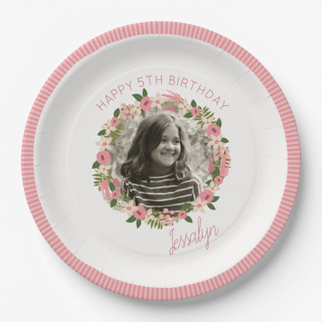 Coral Floral Wreath Personalized w/ Photo Paper Plates (Front)