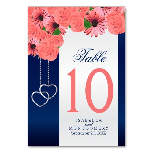 Coral Flower and Navy Blue  Table Cards