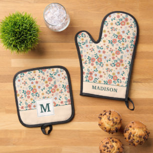 Coral Flower Garden Pattern Oven Mitt & Pot Holder Set