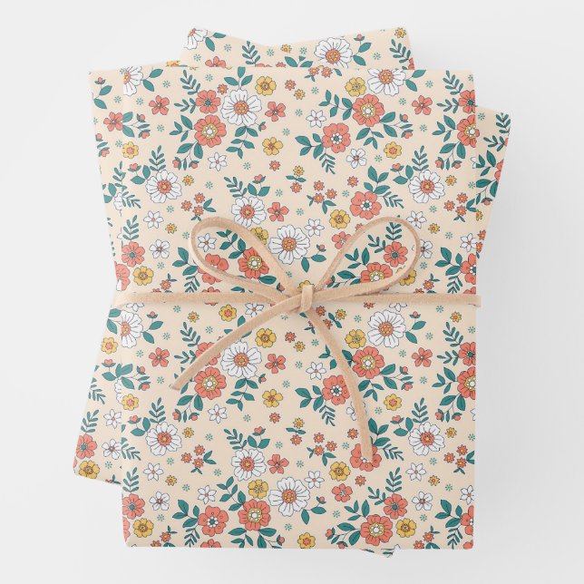Coral Flower Garden Pattern Wrapping Paper Sheets (In situ)