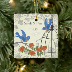 Coral Flower Vintage Bluebirds Wedding BirdCage Ceramic Ornament