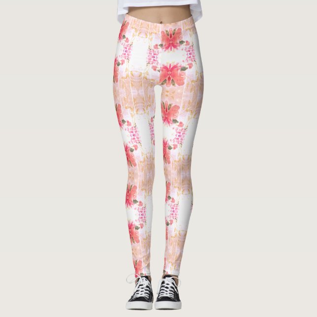 Coral Flowered Bright Leggings (Front)