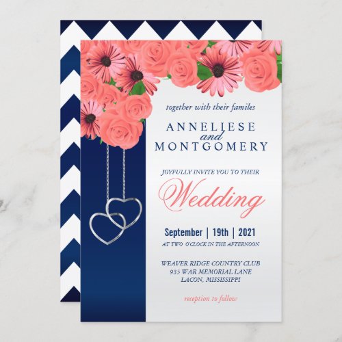 Coral Flowers and Navy Blue Invitation