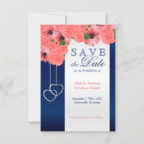 Coral Flowers and Navy Blue - Save the Date