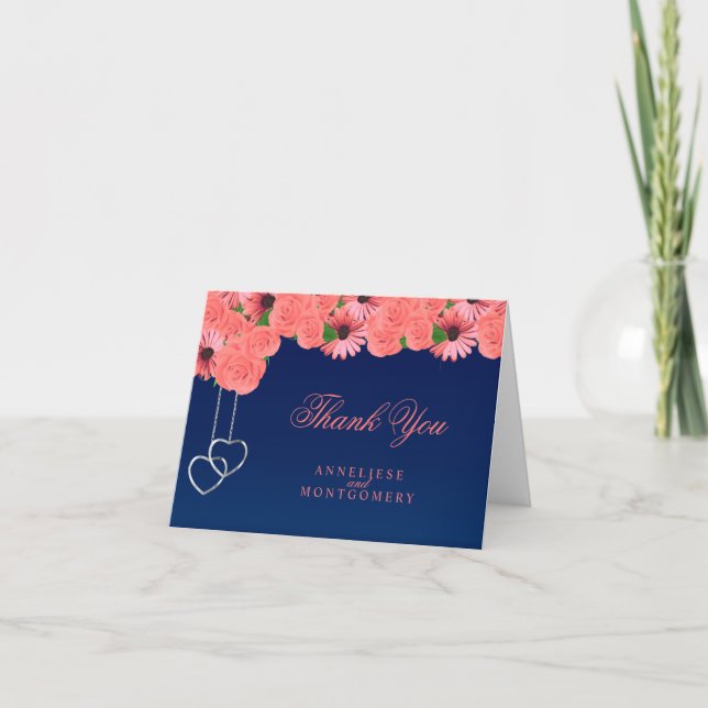 Coral Flowers and Navy Blue - Thank You Card (Front)