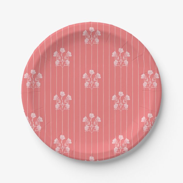 Coral Flowers and Stripes Paper Plates (Front)