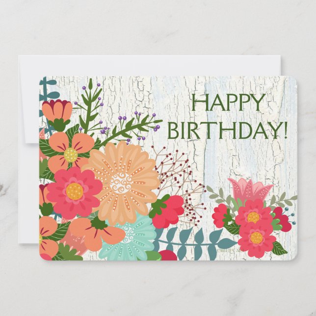 Coral Flowers, Crackle Paint, Happy Birthday Card (Front)