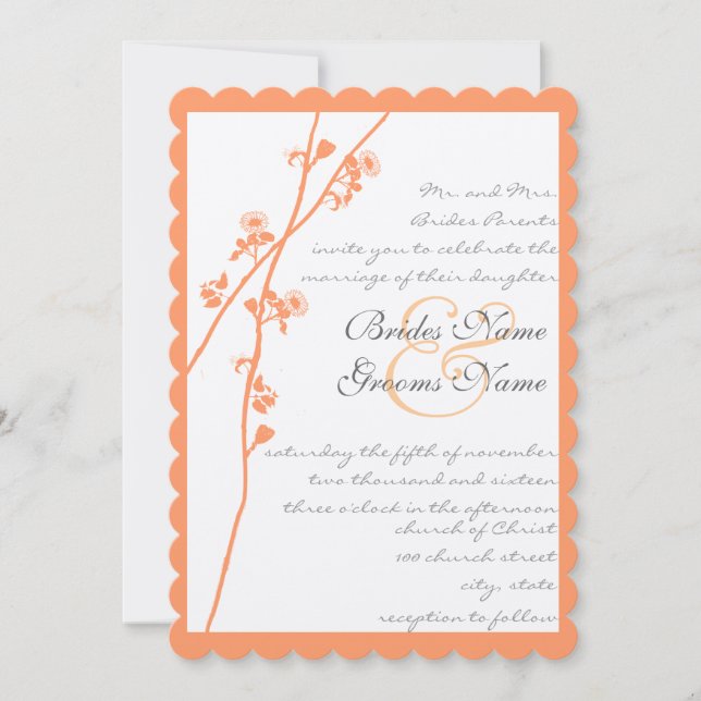 Coral Flowers Gray Font Wild Flower Branch Wedding Invitation (Front)
