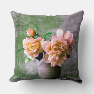 Coral Flowers in Gray Vase Pink Orange Throw Pillow