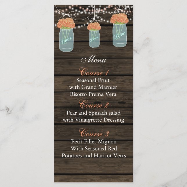coral flowers mason jar wedding menu cards (Front)