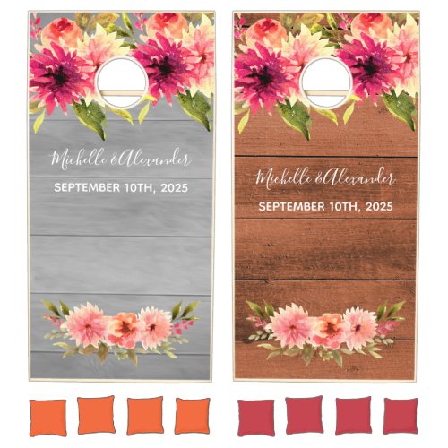 Coral flowers rustic gray brown wood wedding cornhole set