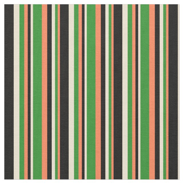 Coral, Forest Green, Beige & Black Stripes Fabric (Close Up)