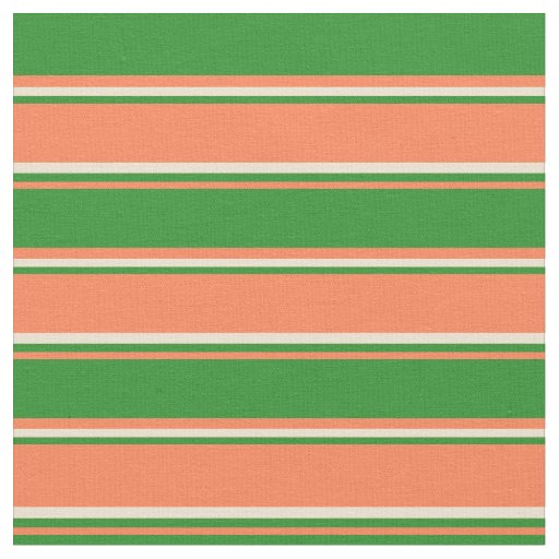 Coral, Forest Green & Beige Stripes Fabric